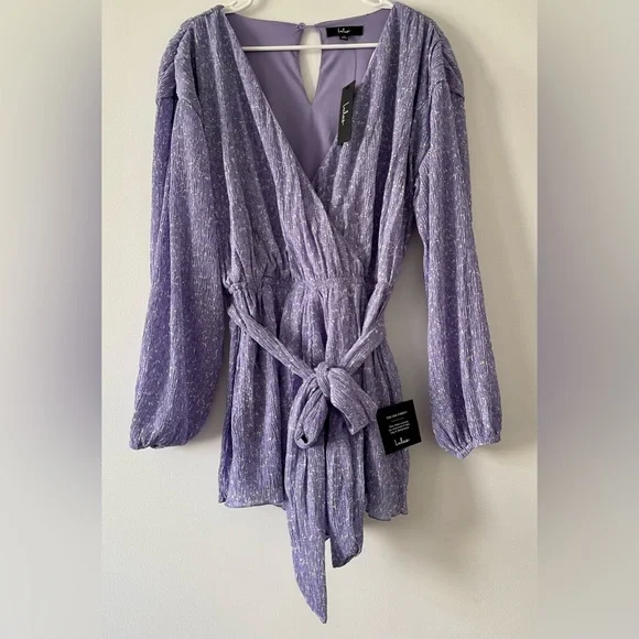 LuLu’s Weekend Charm Lilac Floral Plisse Belted Balloon Sleeve Romper Playsuit - Picture 4 of 6